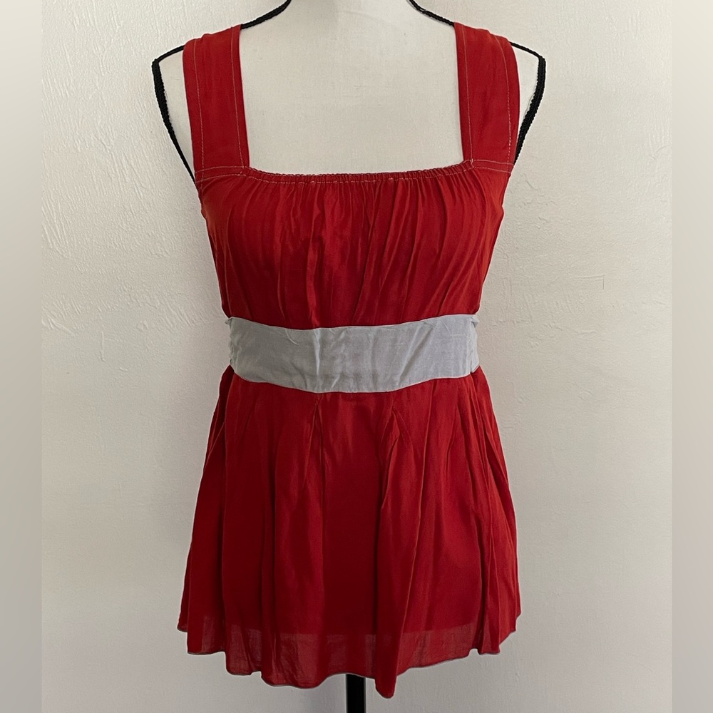Hecho A Mano Brick Red Babydoll Top with Gray Bow Tie to the Back